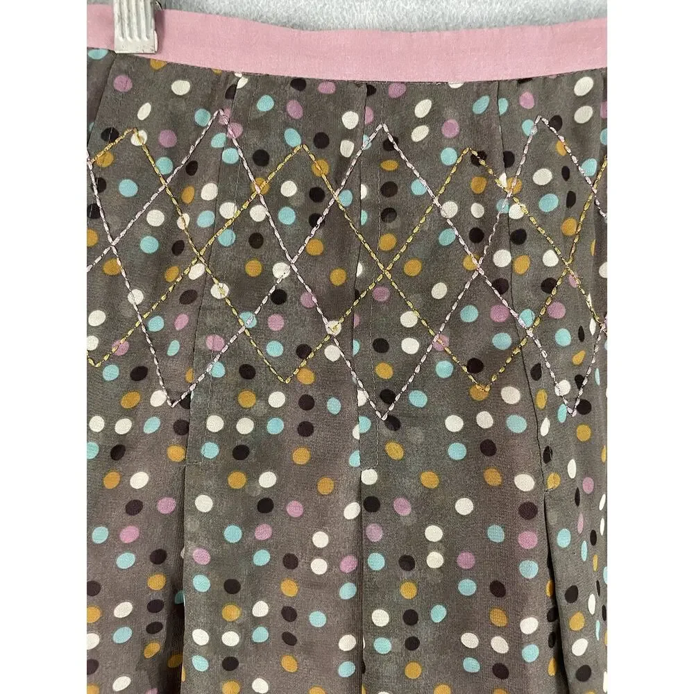NWT Fossil 8 Mini Skirt Pleated Layered Brown Pink Polka Dots Embroidered